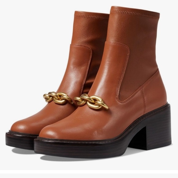 Coach Kenna honey caramel brown bootie with gold chain chunky heel ankle boot - Picture 4 of 14